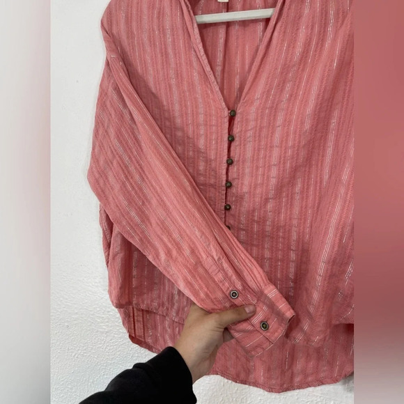 Anthropologie Pilcro Tavi Pink Silver Metallic Stripe Button Down Shirt Blouse - Picture 8 of 13